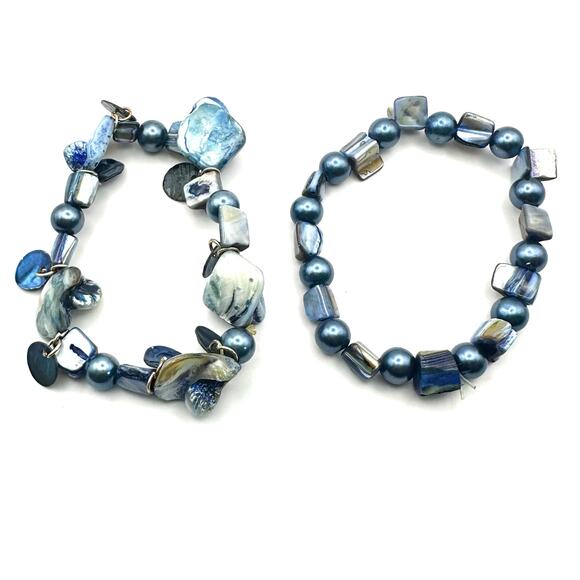 Abalone Shell Stretch Bracelet Set of 2 Beaded Jewelry lot blue brown beach - Picture 3 of 10